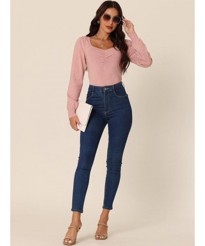 Women's Casual Square Neck Puff Long Sleeve Sweaters Ribbed Knit Fitted Pullover Sweater Pink $13.24 Sweaters