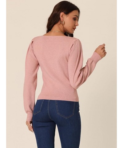 Women's Casual Square Neck Puff Long Sleeve Sweaters Ribbed Knit Fitted Pullover Sweater Pink $13.24 Sweaters