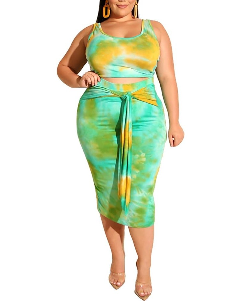 Womens Sexy Plus Size 2 Piece Midi Dress Outfits - Sleeveless Tie Dye Print Tank Crop Top Bodycon Skirts Set Lake Blue $21.92...