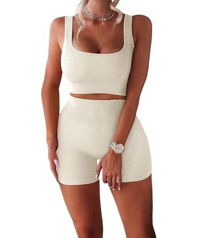 Workout Sets for Women 2 Piece Seamless Ribbed Crop Tank High Waist Shorts Yoga Outfits 268-d-beige $20.99 Activewear