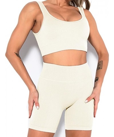 Workout Sets for Women 2 Piece Seamless Ribbed Crop Tank High Waist Shorts Yoga Outfits 268-d-beige $20.99 Activewear