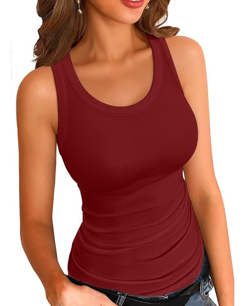 Womens Summer Tank Tops Crewneck Sleeveless Shirts Ribbed Tanks Slim Fitted Casual Basic Tee Shirt Wine Red $11.04 Tanks