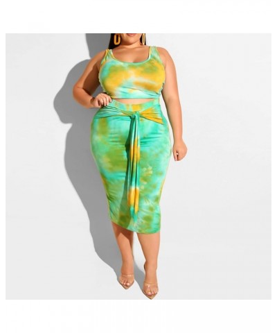 Womens Sexy Plus Size 2 Piece Midi Dress Outfits - Sleeveless Tie Dye Print Tank Crop Top Bodycon Skirts Set Lake Blue $21.92...