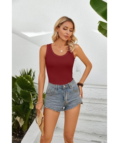 Womens Summer Tank Tops Crewneck Sleeveless Shirts Ribbed Tanks Slim Fitted Casual Basic Tee Shirt Wine Red $11.04 Tanks