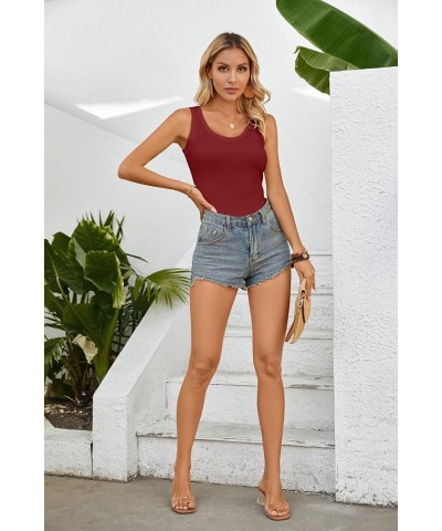 Womens Summer Tank Tops Crewneck Sleeveless Shirts Ribbed Tanks Slim Fitted Casual Basic Tee Shirt Wine Red $11.04 Tanks