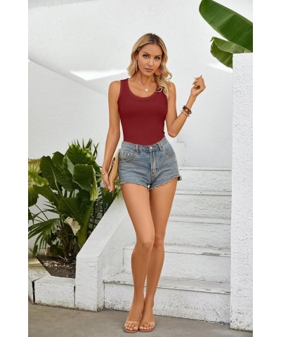 Womens Summer Tank Tops Crewneck Sleeveless Shirts Ribbed Tanks Slim Fitted Casual Basic Tee Shirt Wine Red $11.04 Tanks