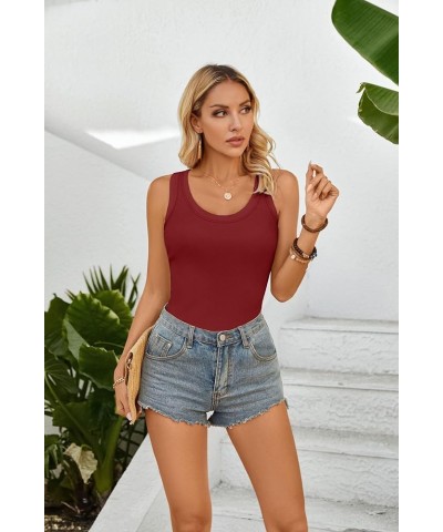 Womens Summer Tank Tops Crewneck Sleeveless Shirts Ribbed Tanks Slim Fitted Casual Basic Tee Shirt Wine Red $11.04 Tanks