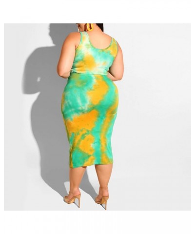 Womens Sexy Plus Size 2 Piece Midi Dress Outfits - Sleeveless Tie Dye Print Tank Crop Top Bodycon Skirts Set Lake Blue $21.92...