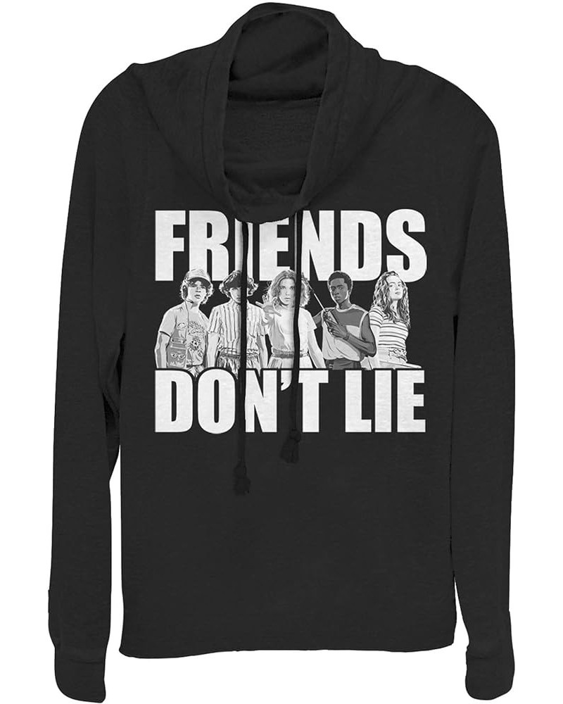 Stranger Things Cast Friends Don't Lie Women's Cowl Neck Long Sleeve Knit Top Black $10.47 T-Shirts