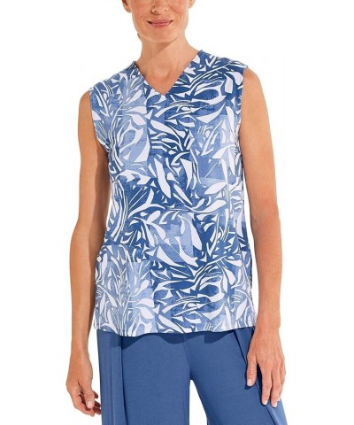 UPF 50+ Women's Vedra V-Neck Tunic Top - Sun Protective Contemporary Blue Abstract Leaves $16.46 Tops