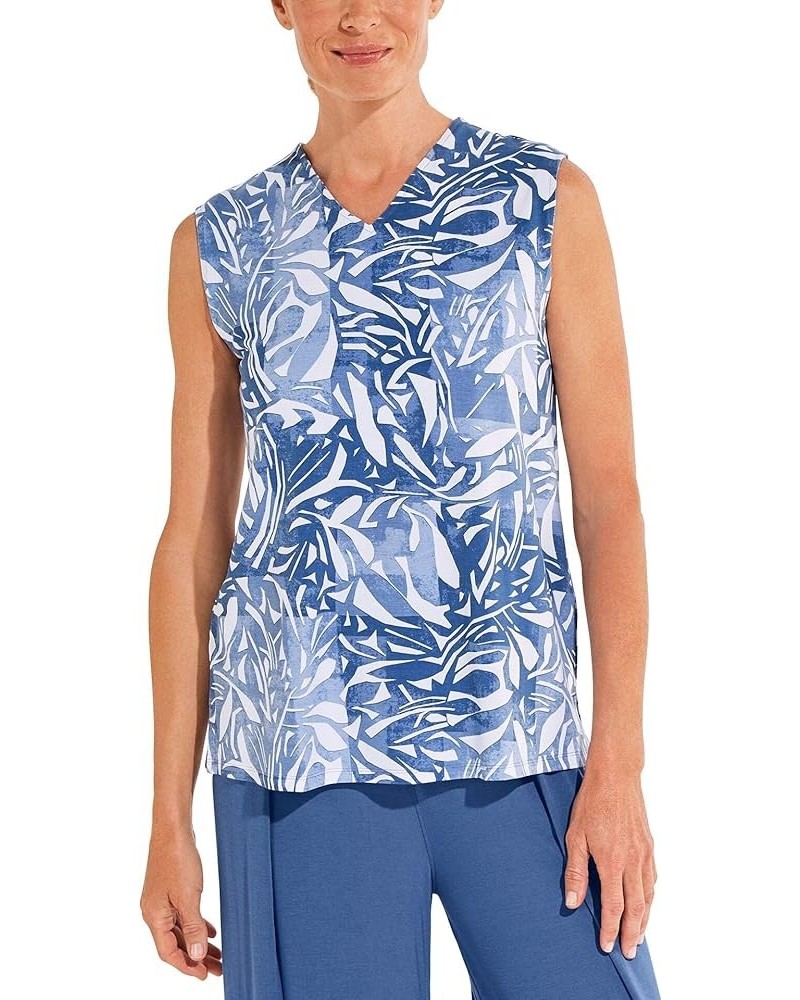 UPF 50+ Women's Vedra V-Neck Tunic Top - Sun Protective Contemporary Blue Abstract Leaves $16.46 Tops