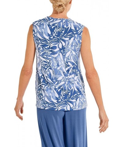 UPF 50+ Women's Vedra V-Neck Tunic Top - Sun Protective Contemporary Blue Abstract Leaves $16.46 Tops