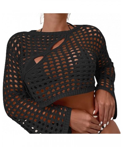 Women Hollow Out Hole Ripped Crochet Knit Top Long Sleeve Pullover Cover Ups Fishnet Sweater E-Girl Streetwear Shirt B-black ...