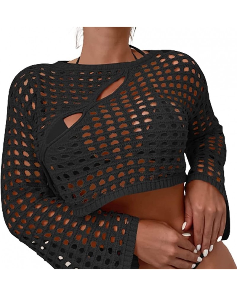 Women Hollow Out Hole Ripped Crochet Knit Top Long Sleeve Pullover Cover Ups Fishnet Sweater E-Girl Streetwear Shirt B-black ...