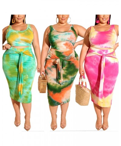 Womens Sexy Plus Size 2 Piece Midi Dress Outfits - Sleeveless Tie Dye Print Tank Crop Top Bodycon Skirts Set Lake Blue $21.92...