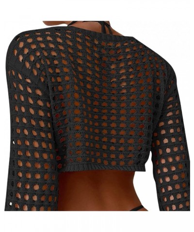 Women Hollow Out Hole Ripped Crochet Knit Top Long Sleeve Pullover Cover Ups Fishnet Sweater E-Girl Streetwear Shirt B-black ...