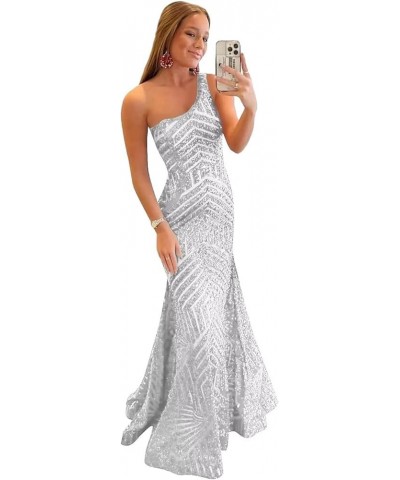 Sparkly Sequin Prom Dresses for Women Mermaid Long Formal Evening Cocktail Gowns for Teens AG037 A-silver White $34.40 Dresses