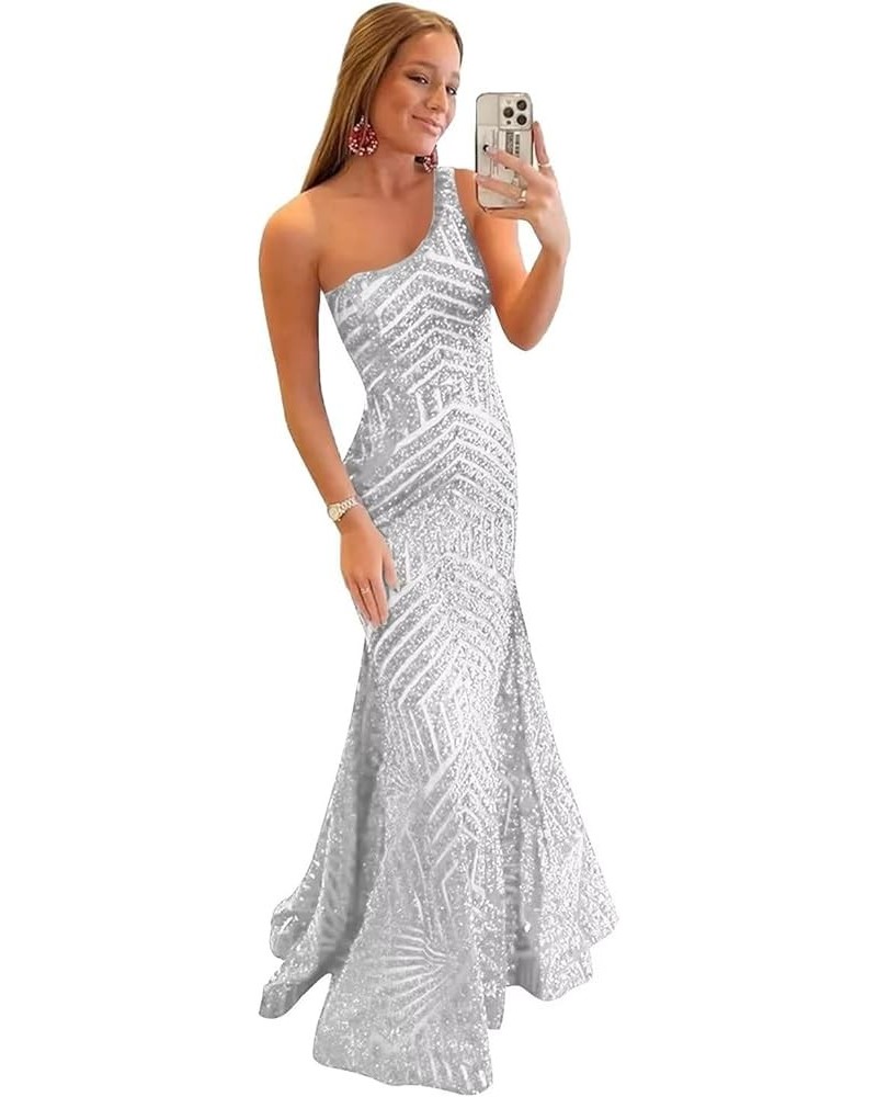 Sparkly Sequin Prom Dresses for Women Mermaid Long Formal Evening Cocktail Gowns for Teens AG037 A-silver White $34.40 Dresses