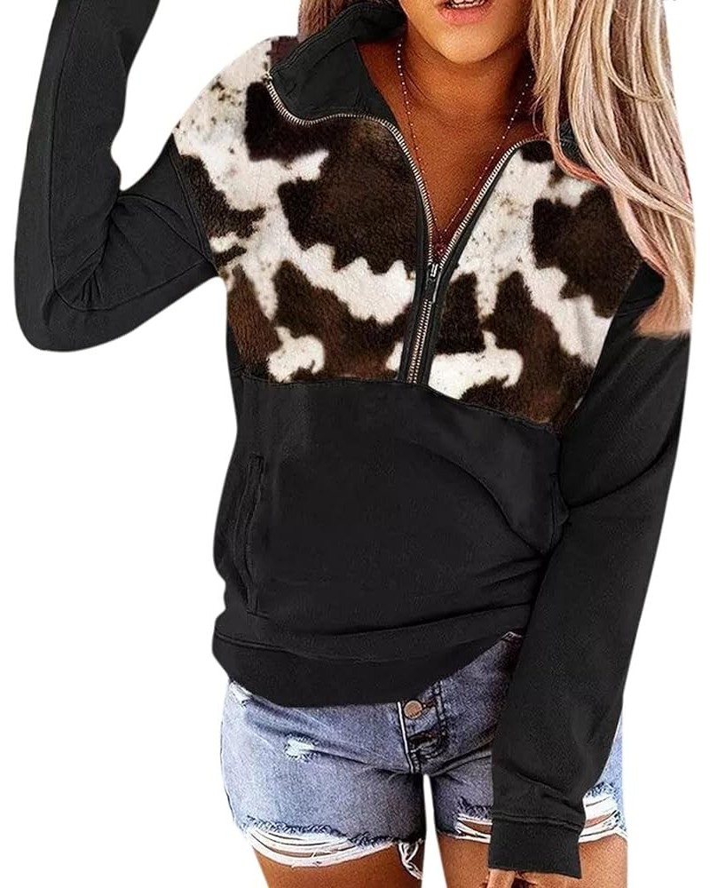 Quarter Zip Pullover Women, Cow Print Patchwork Sweatshirt Long Sleeve Lapel Jacket Tops Casual Loose Coat Outwear Brown $9.2...