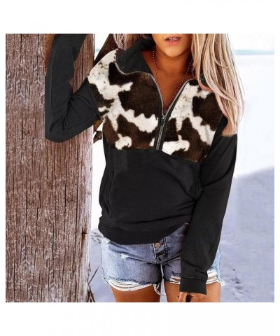 Quarter Zip Pullover Women, Cow Print Patchwork Sweatshirt Long Sleeve Lapel Jacket Tops Casual Loose Coat Outwear Brown $9.2...