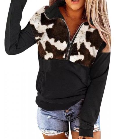 Quarter Zip Pullover Women, Cow Print Patchwork Sweatshirt Long Sleeve Lapel Jacket Tops Casual Loose Coat Outwear Brown $9.2...