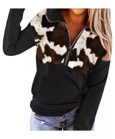 Quarter Zip Pullover Women, Cow Print Patchwork Sweatshirt Long Sleeve Lapel Jacket Tops Casual Loose Coat Outwear Brown $9.2...