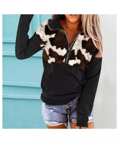 Quarter Zip Pullover Women, Cow Print Patchwork Sweatshirt Long Sleeve Lapel Jacket Tops Casual Loose Coat Outwear Brown $9.2...