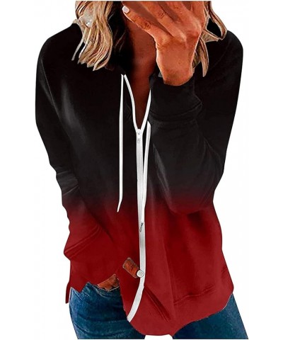 Women Zip Up Hoodie Sweatshirt, Casual Long Sleeve Fashion Ombre Baggy Comfy Pocket Drawstring Hooded Pullover Tops A01 red $...