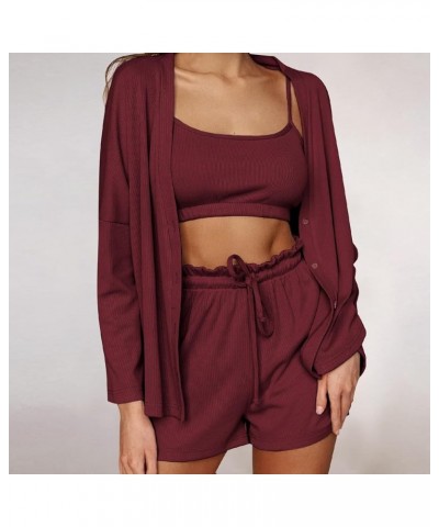 Women's Can Be Worn Externally As A Three Piece Home Suit, Suspender Shorts, Robe, Casual Pajama Set, S-XL 2-wine $15.98 Slee...