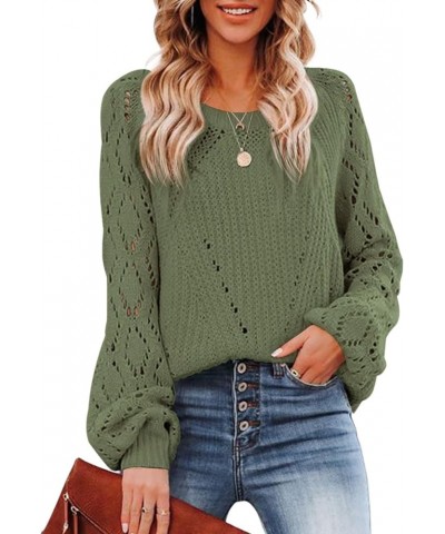 Women Crochet Hollow Out Crewneck Long Sleeve Knit Sweaters Pullover Jumper Tops A Amy Green $12.00 Sweaters