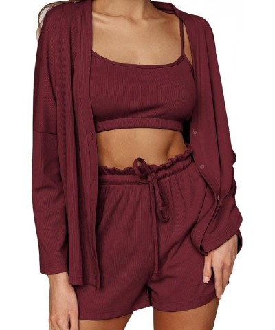 Women's Can Be Worn Externally As A Three Piece Home Suit, Suspender Shorts, Robe, Casual Pajama Set, S-XL 2-wine $15.98 Slee...