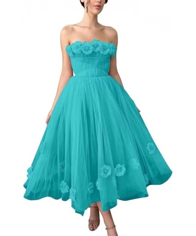 Women's 3D Flower Off Shoulder Tea Length Whimsical Prom Dress, A Line Strapless Tulle Formal Evening Party Gown Turquoise $4...