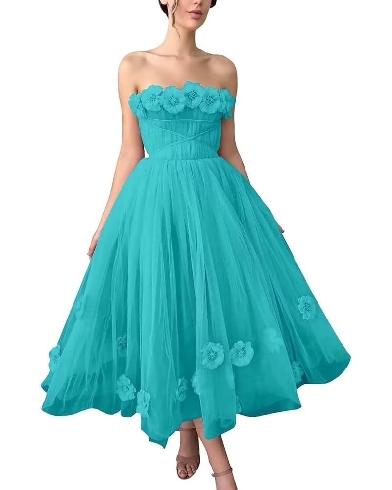 Women's 3D Flower Off Shoulder Tea Length Whimsical Prom Dress, A Line Strapless Tulle Formal Evening Party Gown Turquoise $4...