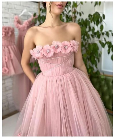 Women's 3D Flower Off Shoulder Tea Length Whimsical Prom Dress, A Line Strapless Tulle Formal Evening Party Gown Turquoise $4...