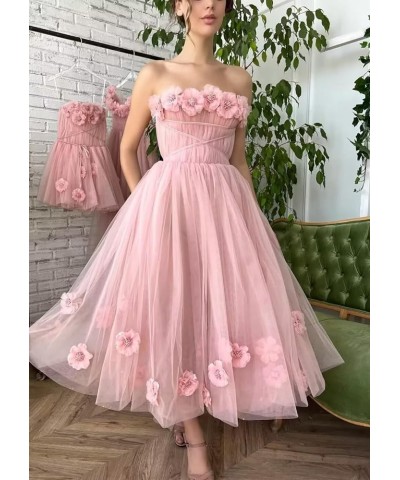 Women's 3D Flower Off Shoulder Tea Length Whimsical Prom Dress, A Line Strapless Tulle Formal Evening Party Gown Turquoise $4...