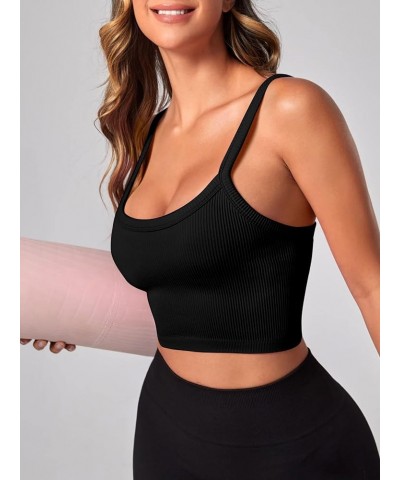 Women's Ribbed Knit Crop Cami Sports Top Seamless Bodycon Yoga Shirt Top Black $10.81 Tanks