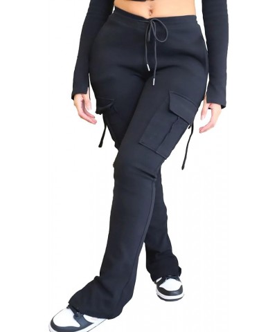 Women's Casual High Waist Stacked Sweatpants Drawstring Ruched Fleece Lined Slit Leggings Pants Casual Loose Joggers Black $1...