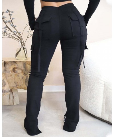 Women's Casual High Waist Stacked Sweatpants Drawstring Ruched Fleece Lined Slit Leggings Pants Casual Loose Joggers Black $1...