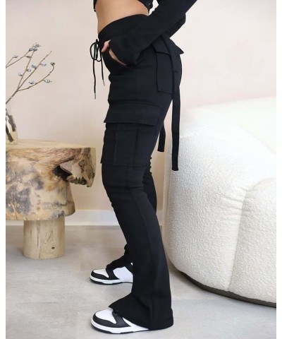 Women's Casual High Waist Stacked Sweatpants Drawstring Ruched Fleece Lined Slit Leggings Pants Casual Loose Joggers Black $1...