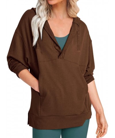 V Neck Long Sleeve Drawstring Casual Hoodies for Women Loose Hooded Tops with Pocket Brown $15.10 Hoodies & Sweatshirts