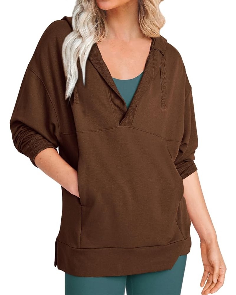 V Neck Long Sleeve Drawstring Casual Hoodies for Women Loose Hooded Tops with Pocket Brown $15.10 Hoodies & Sweatshirts