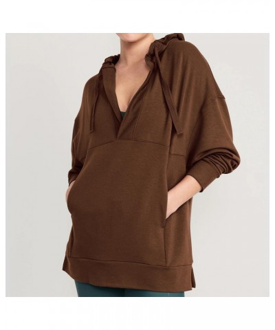 V Neck Long Sleeve Drawstring Casual Hoodies for Women Loose Hooded Tops with Pocket Brown $15.10 Hoodies & Sweatshirts