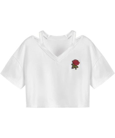 Women's Embroidered Crop Top Short Sleeve T Shirt Solid Pure White $14.99 T-Shirts