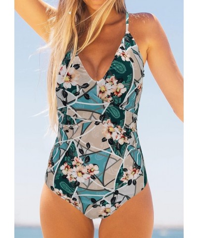 V Neck Push Up One Piece Swimsuit Women Floral Print Sexy Bathing Suit Plunging Swimwear Print150 $23.93 Swimsuits