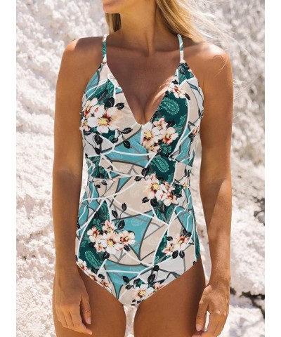 V Neck Push Up One Piece Swimsuit Women Floral Print Sexy Bathing Suit Plunging Swimwear Print150 $23.93 Swimsuits