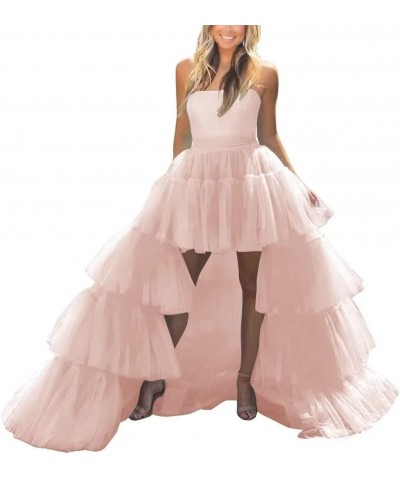 Women's High Low Prom Dresses Tulle Strapless Tiered Evening Ball Gown Formal Evening Party Gowns Blush $41.58 Dresses