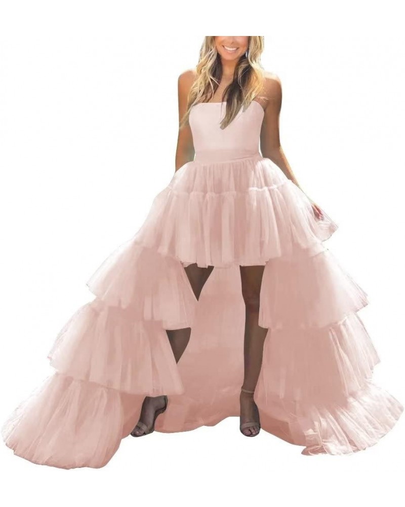 Women's High Low Prom Dresses Tulle Strapless Tiered Evening Ball Gown Formal Evening Party Gowns Blush $41.58 Dresses