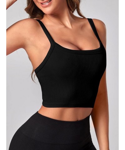 Women's Ribbed Knit Crop Cami Sports Top Seamless Bodycon Yoga Shirt Top Black $10.81 Tanks