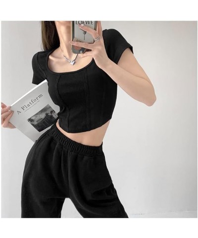 Women Square Neck T Shirt Short Sleeve Crop Top Petite Teen Girl Slim Fit Basic Tee Y2K Streetwear Shirts Black $7.50 T-Shirts