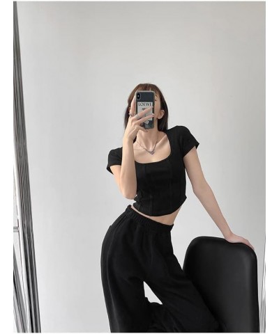 Women Square Neck T Shirt Short Sleeve Crop Top Petite Teen Girl Slim Fit Basic Tee Y2K Streetwear Shirts Black $7.50 T-Shirts